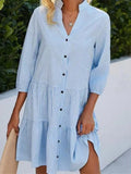 Plaid Buttons Stand Collar And Three-quarter Sleeves Mini&Short Dresses