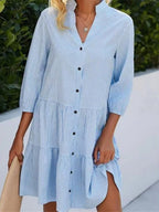 Plaid Buttons Stand Collar And Three-quarter Sleeves Mini&Short Dresses
