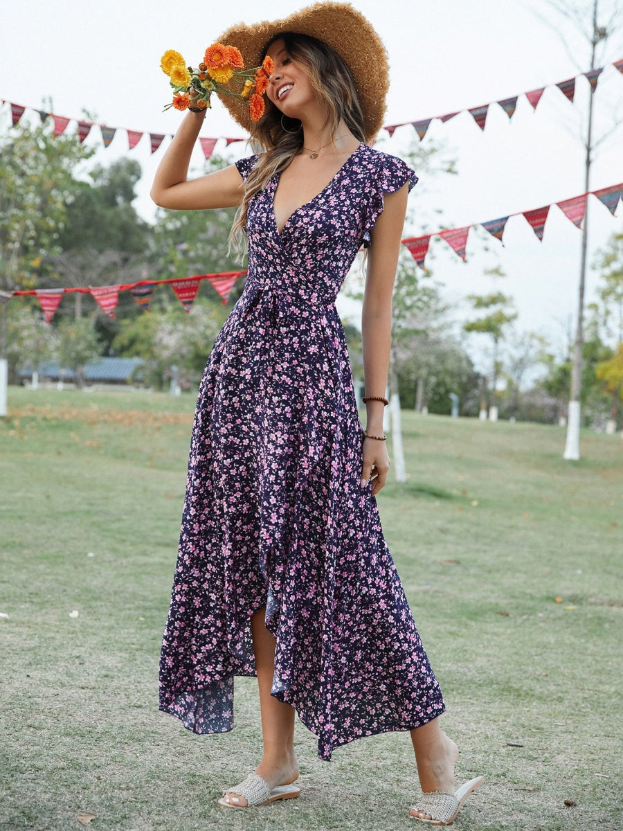 Wrap-up V-neck Bandage Asymmetrical Skirt Vacation And Leisure Maxi Dresses