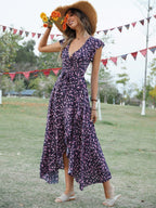 Wrap-up V-neck Bandage Asymmetrical Skirt Vacation And Leisure Maxi Dresses