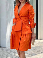Pointed Collar Deep V Wrap Tie Bow Wing Cuff Patch Pocket Shirt Mini Dress