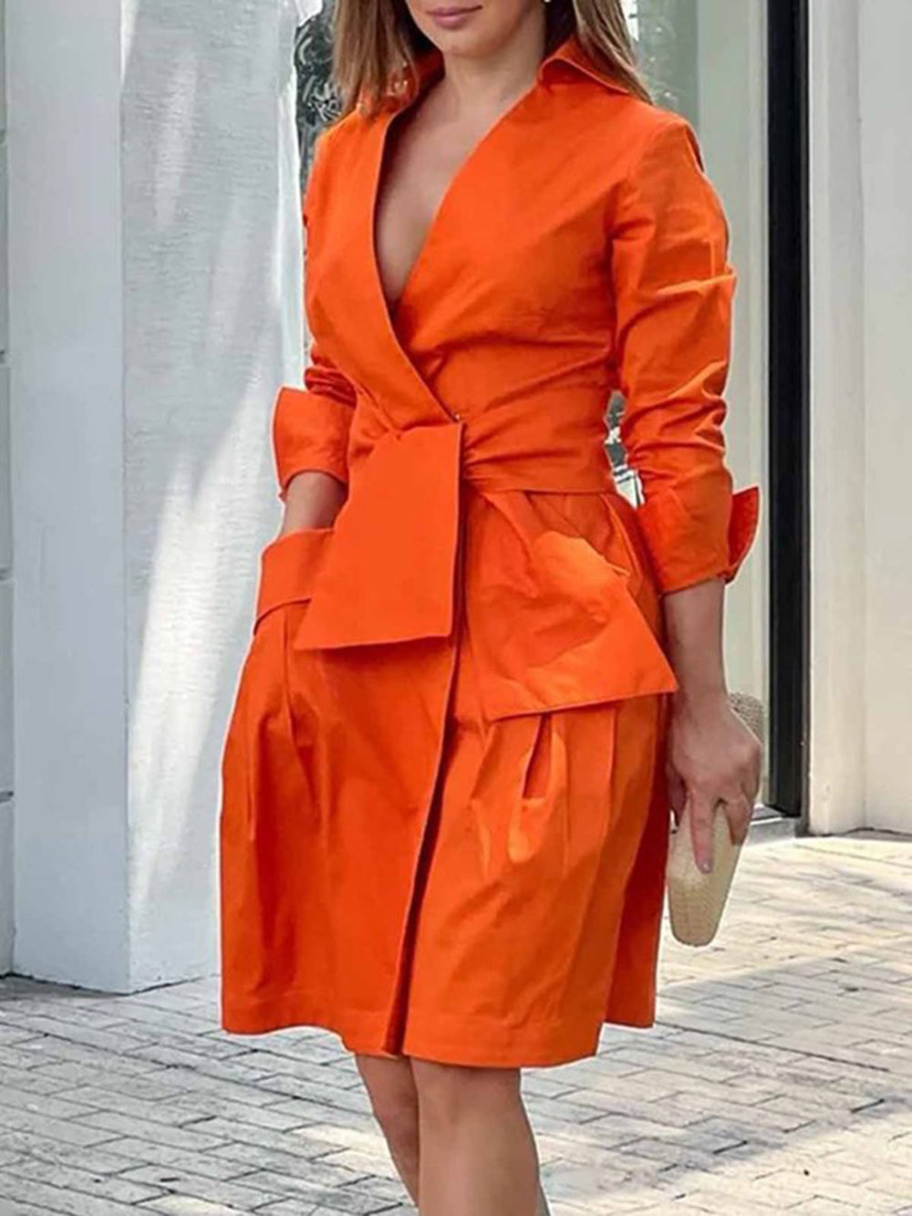 Pointed Collar Deep V Wrap Tie Bow Wing Cuff Patch Pocket Shirt Mini Dress