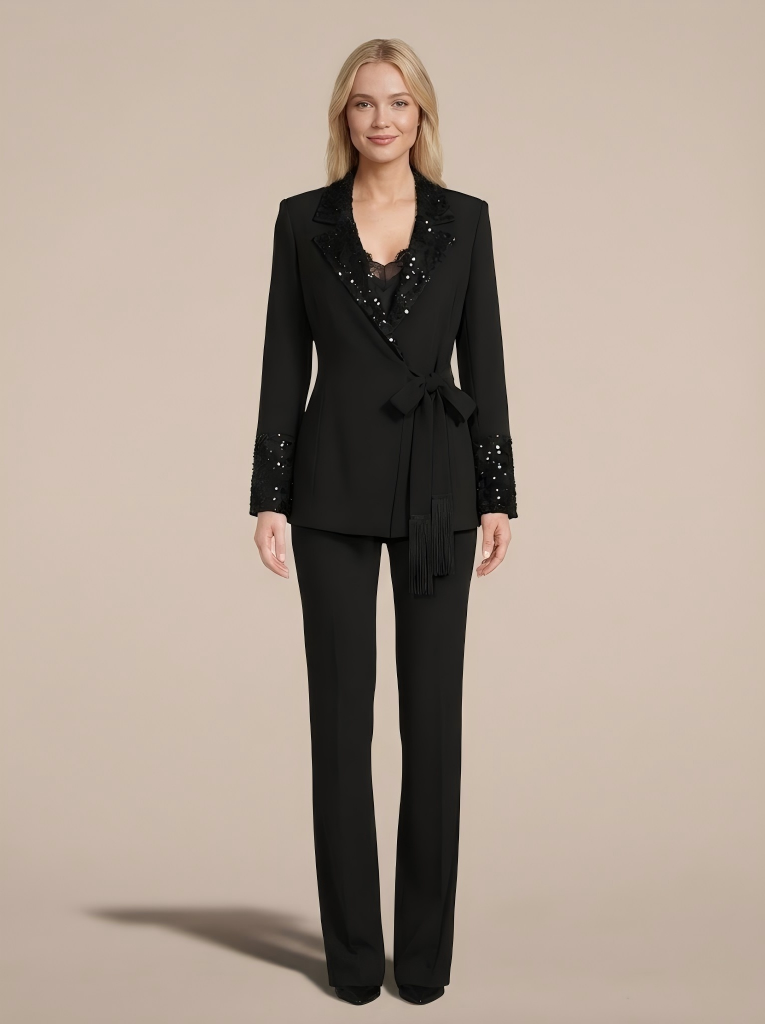 Black V-neck Sequins Lace Up Solid Color Two-piece Suit