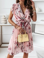Ruffled Short-sleeved V-neck Floral Print Mini Dress
