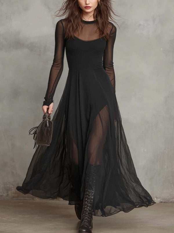 Splicing Solid Color Patchwork Long-sleeved Fishtail Maxi Dresses