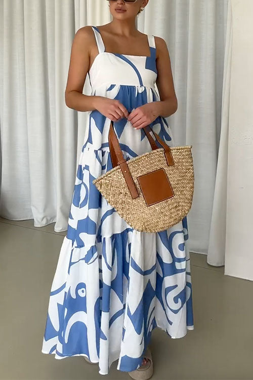 Backless Ruffle Tiered Printed Maxi Cami Dress