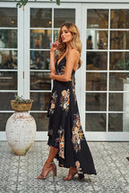 Floral Print Spaghetti Strap V-Neck High Low Ruffle Hem Maxi Dress