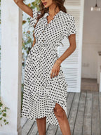 Polka Dots Polo Collar Waist Tie Short Sleeves Maxi Dresses