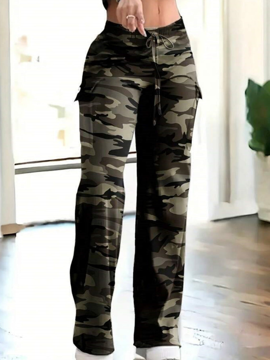 Camouflage Elastic Waistband Lace Up Pocket Cargo Trousers