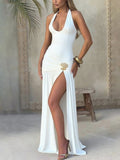 Halter-neck, Backless, Fitted, Solid Color, Slit Long Dress