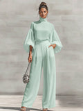 Chiffon Stand-up Collar Puff Sleeve High-waisted Draped Wide-leg Pants Two-piece Set