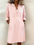 Ruffled Trim Long-sleeved Cotton-linen Short Dress