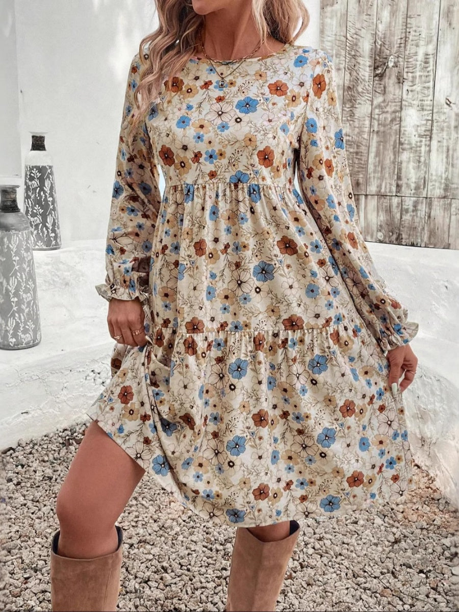 Floral Puff Sleeve Tie-waist Short Dress