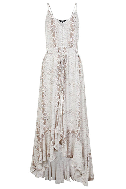 Snake Print V-Neck Tie Waist Flutter Sleeve Ruffle Hem Mini Dress
