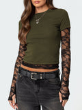 Lace Patchwork Layered-look Long-sleeved Crew Neck T-shirts