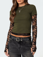 Lace Patchwork Layered-look Long-sleeved Crew Neck T-shirts