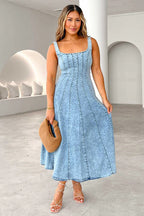 Paneled Denim Square Neck Sleeveless Fit and Flare Mini Dress