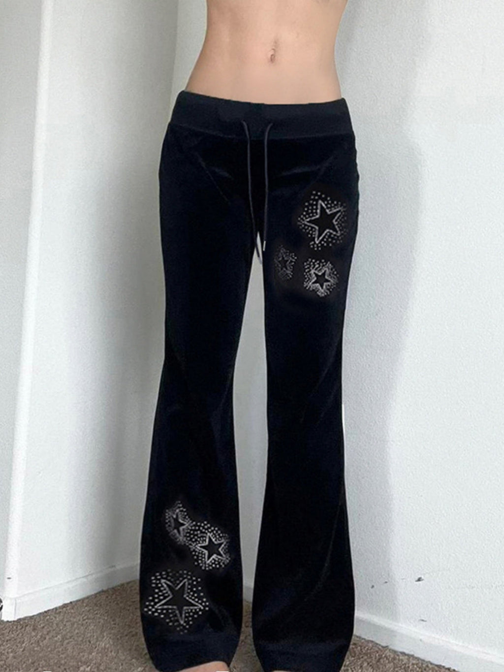 Star Rhinestones Ribbed Waistband Drawstring Low Waist Velvet Flared Pants