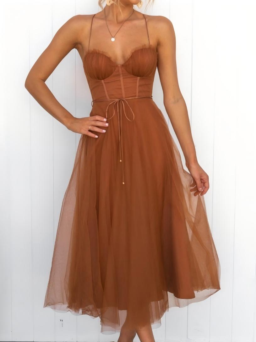 Mesh Lace Up Fishbone Camisoles Midi Dresses