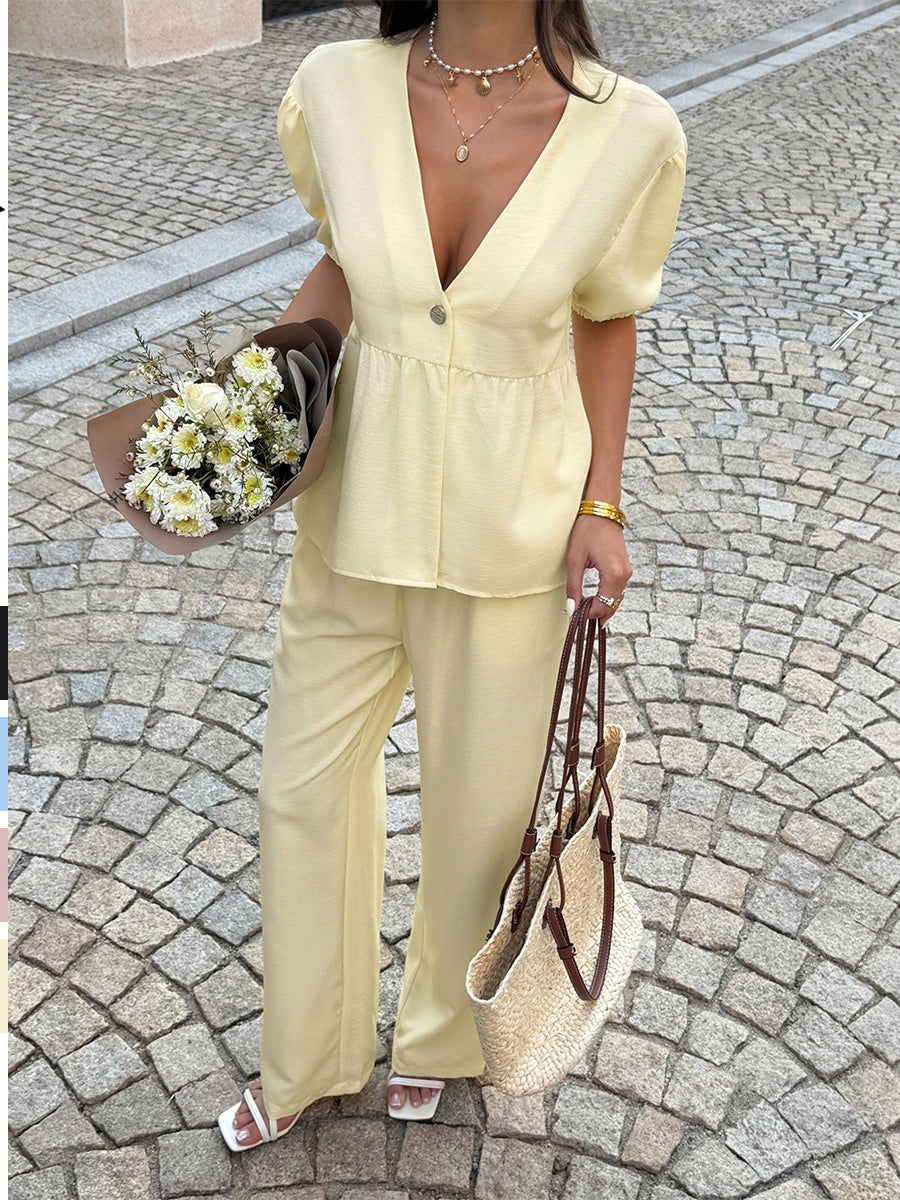 Resort Style Solid Color V-Neck Short-Sleeve Top And Pants Two-Piece Set