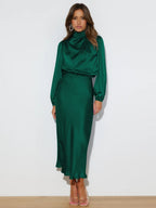 Satin Long Sleeve Loose Turtleneck Midi Dresses