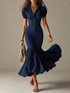 Casual Short-sleeved Striped Fishtail Maxi Dress