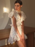 Floral Print Ruffled V-neck Mini&Short Dresses