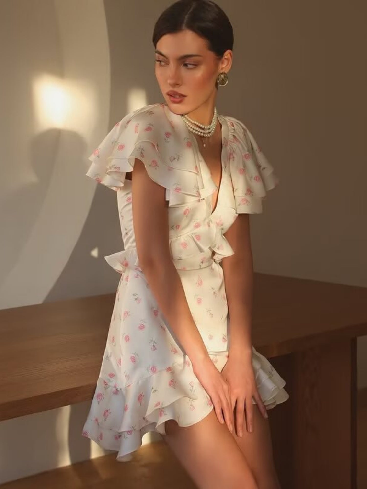 Floral Print Ruffled V-neck Mini&Short Dresses