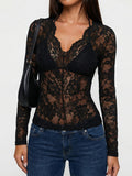 Lace-trimmed Long-sleeved Sheer Top