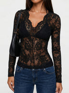 Lace-trimmed Long-sleeved Sheer Top