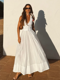 Deep V-Neck Sleeveless Button Vest Pleated Hem Maxi Skirt Set