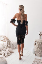 Off Shoulder Sweetheart Floral Lace Scalloped Hem Side Slit Midi Dress
