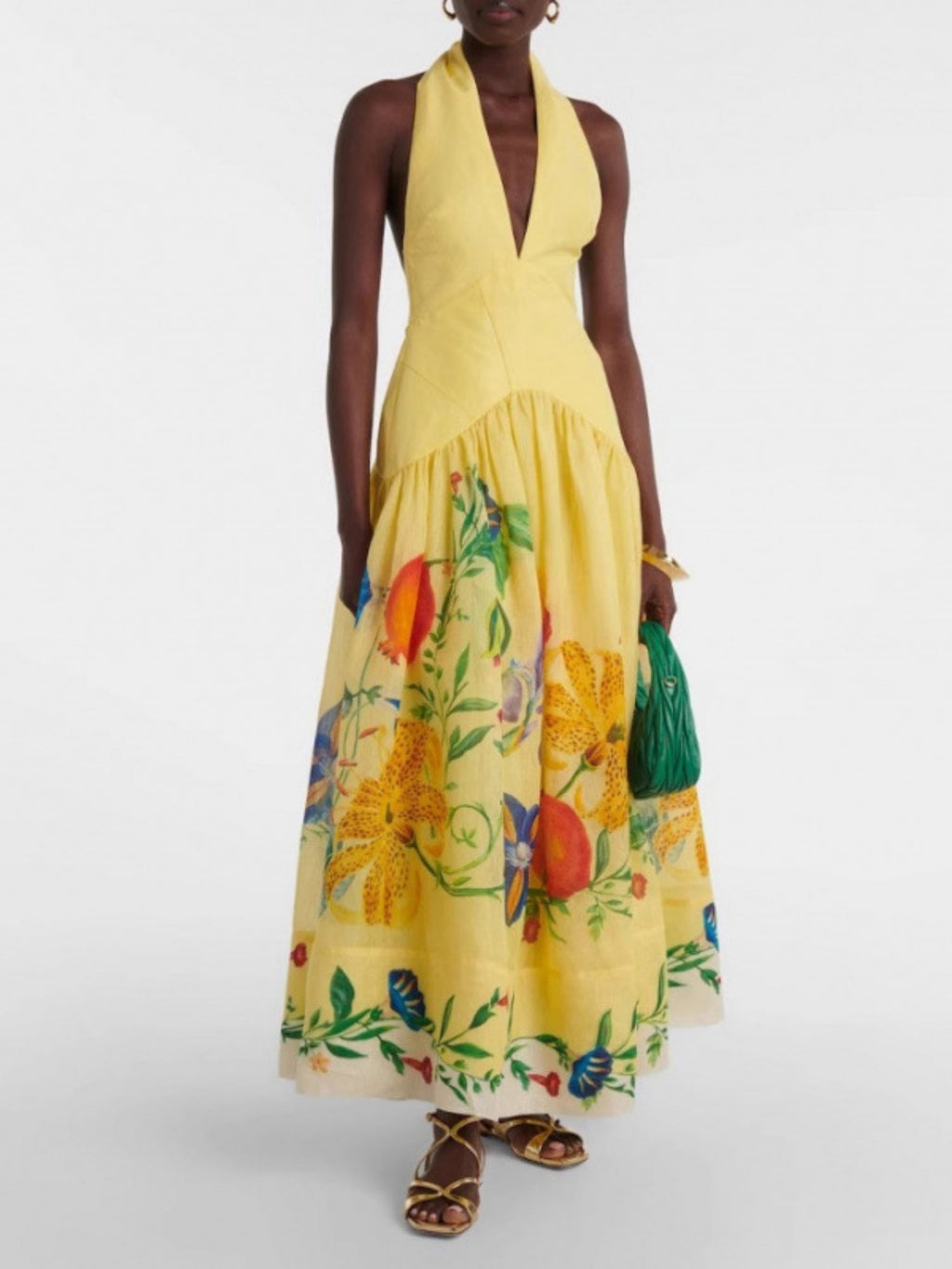 Printed Halter Neck Deep V-neck Backless Large Skirt Maxi Dresses