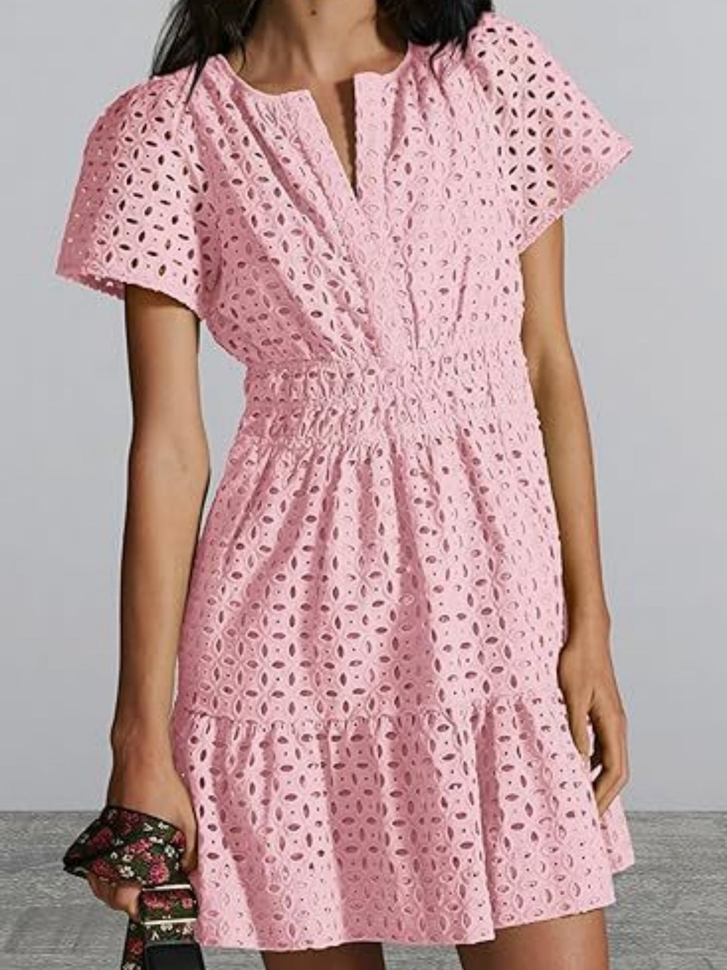 Lace Cutout V-neck Short Sleeve A-line Short Dress