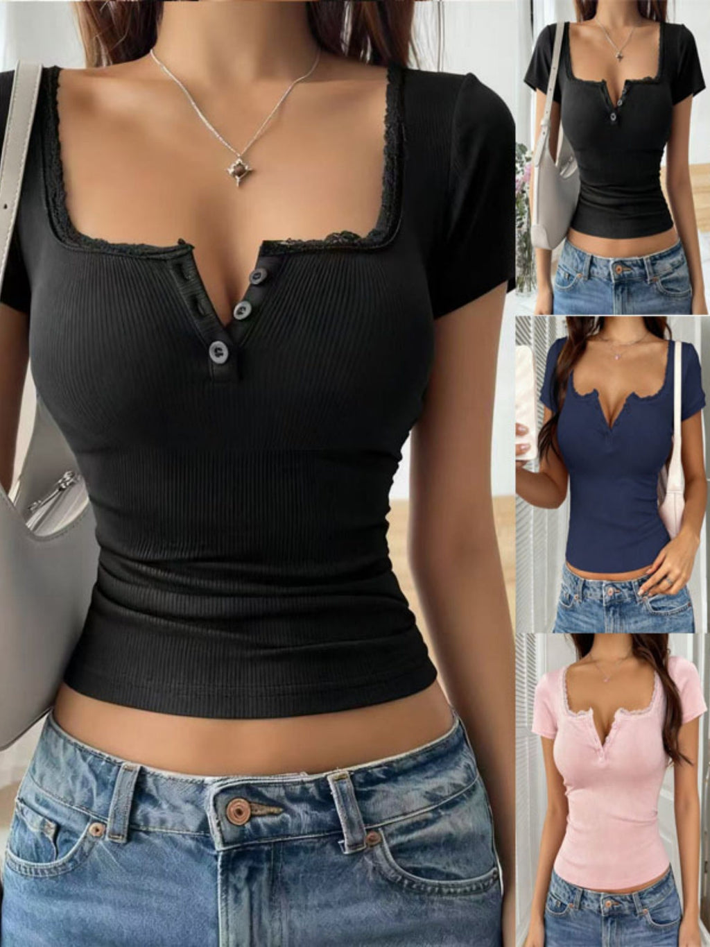 Lace Trim Buttons U-neck Slim-fit Short-sleeved T-shirt