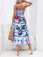 Square Neck Spaghetti Strap Abstract Tropical Print Midi Dress