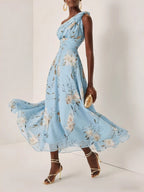 One Shoulder Grace Floral Print Chiffon Vacation Reunion Maxi Dresses