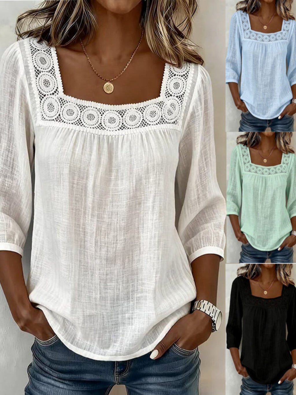 Lace Trim Cotton And Linen Square Neckline And Three-quarter Sleeves T-shirts