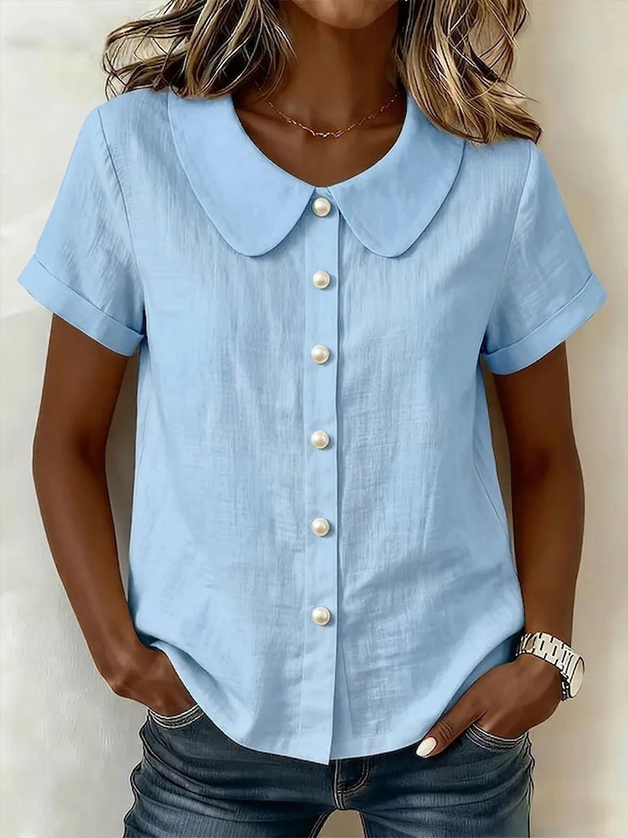 Cotton And Linen Short-sleeved Peter Pan Collar T-shirt