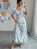 Floral Short Sleeve Square Collar Ruffle Vacation And Leisure Maxi Dresses