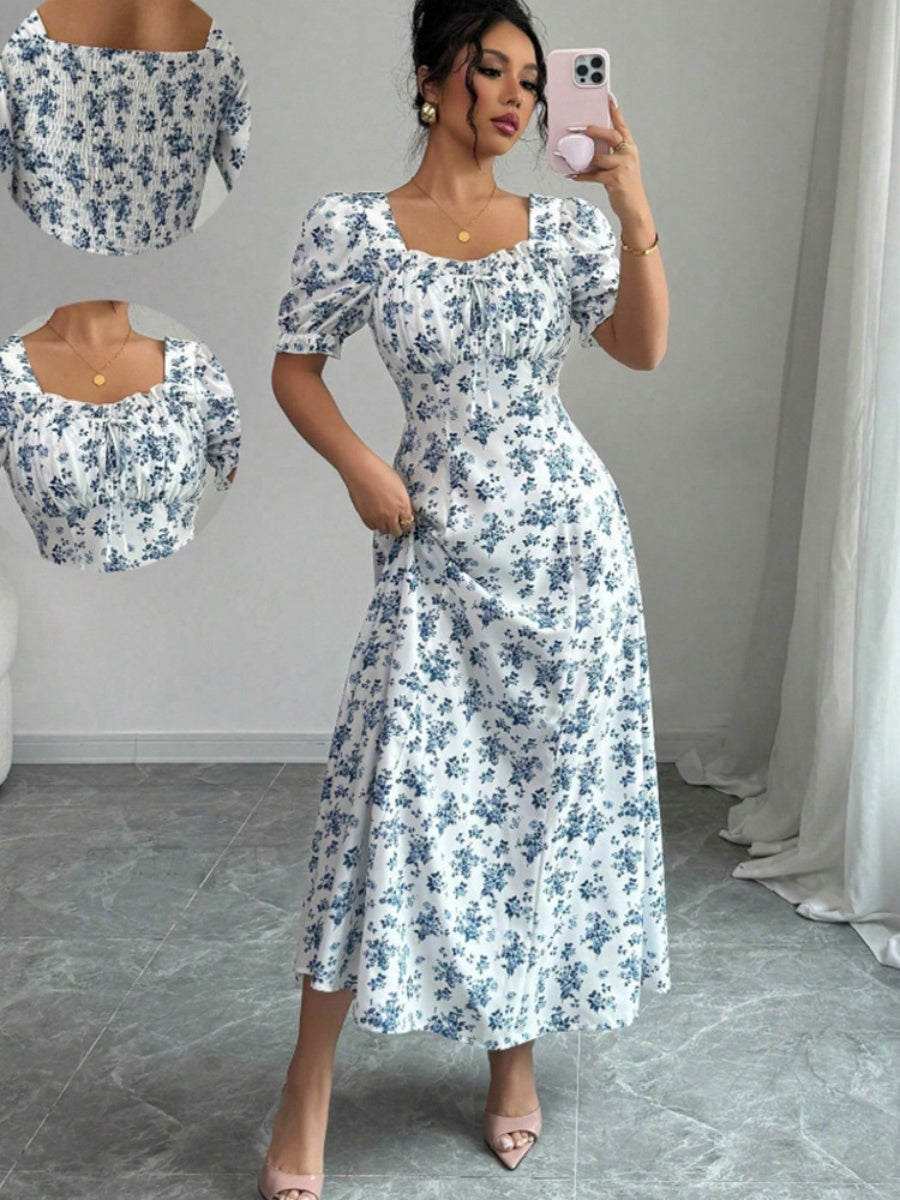 Floral Short Sleeve Square Collar Ruffle Vacation And Leisure Maxi Dresses