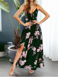 High-slit V-neck Floral Print Suspender Maxi Dress