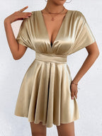 V-neck, Fitted Waist, Zippered, Glossy Short Dress