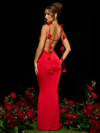 Backless 3D Floral Shoulder Strap Satin Formal Dress Red Midi Dresses