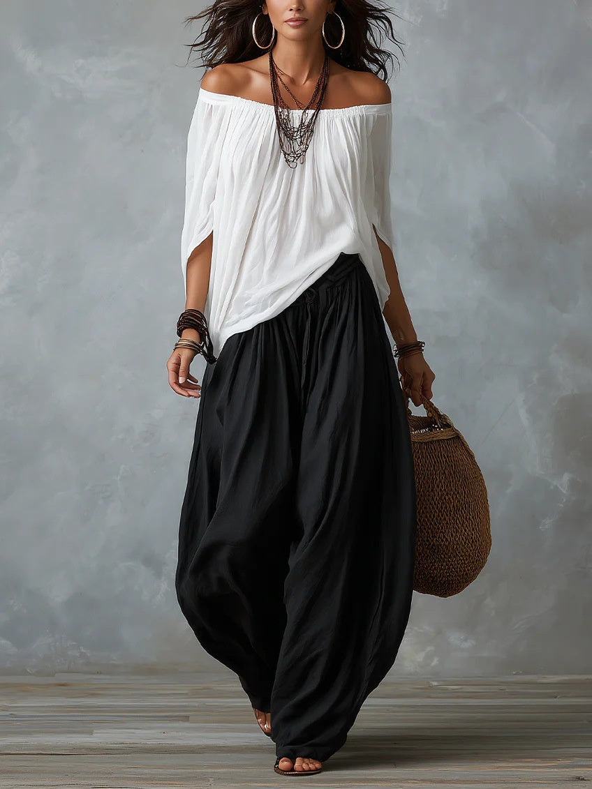 Off-the-shoulder T-shirt And Wide-leg Pants Two-piece Set