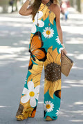 Criss Cross Halter Sleeveless Top Wide Leg Pants Printed Vacation Set
