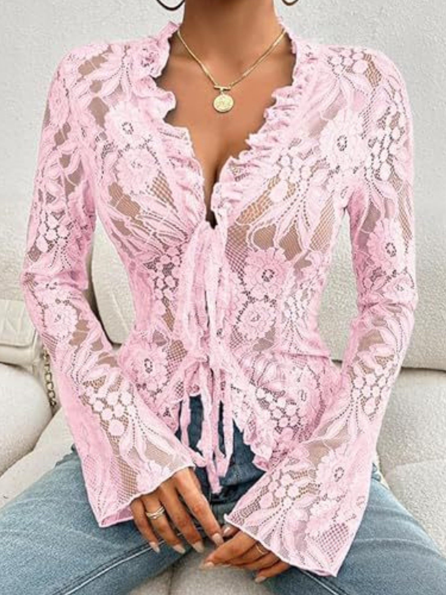 Lace See-through Ruffle Open Front With Tie Sweet T-shirts