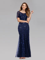 Embroidery Sequins Fishtail Spliced Mesh Formal Dress Maxi Dresses