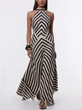 Striped Color Blocking Halter Neck And Backless Maxi Dresses