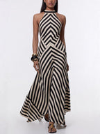 Striped Color Blocking Halter Neck And Backless Maxi Dresses